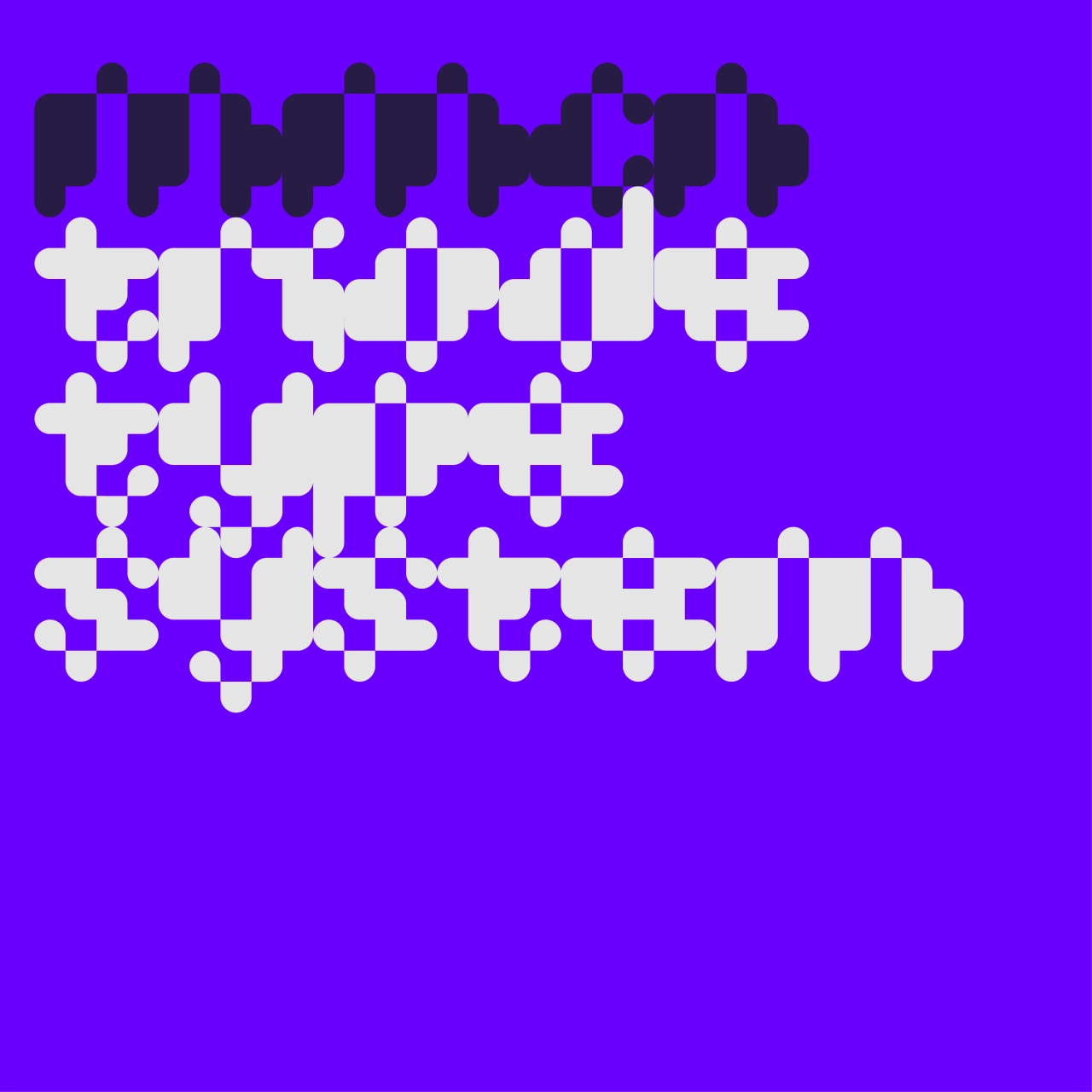 Abstract geometric typography displaying interlocking plus signs and rounded rectangles in white and black against a vibrant purple background