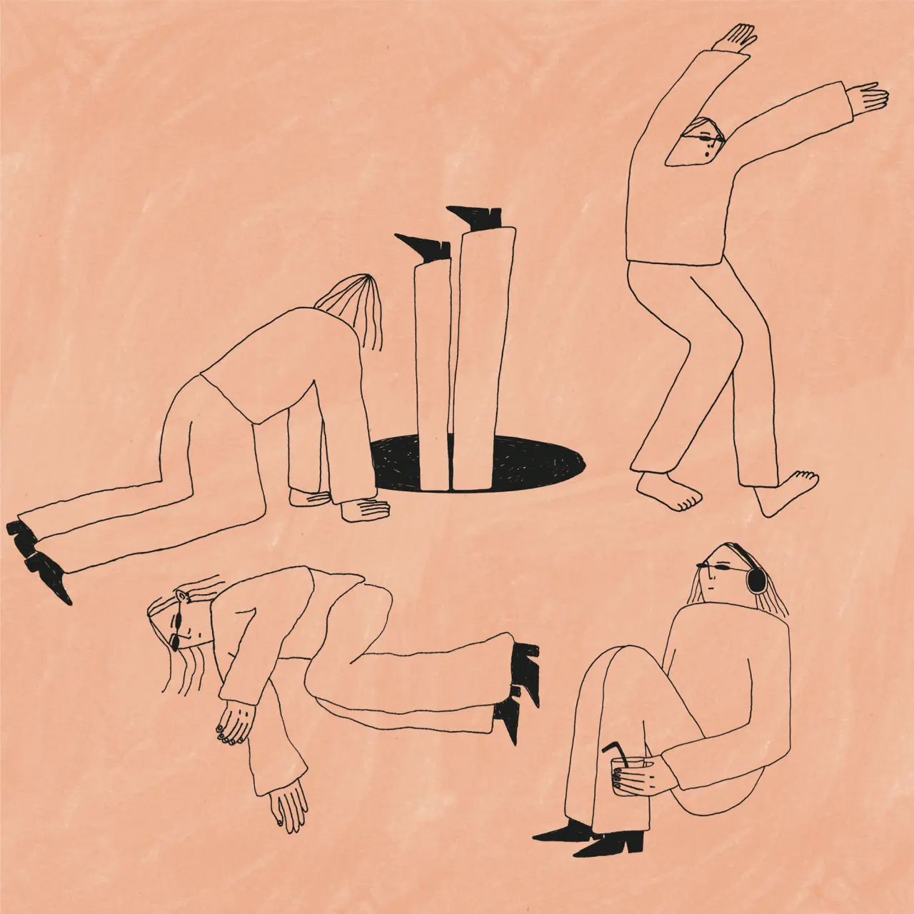 Line illustration of five figures in various poses around a dark hole with arrows, rendered in a minimalist style on a peachy background