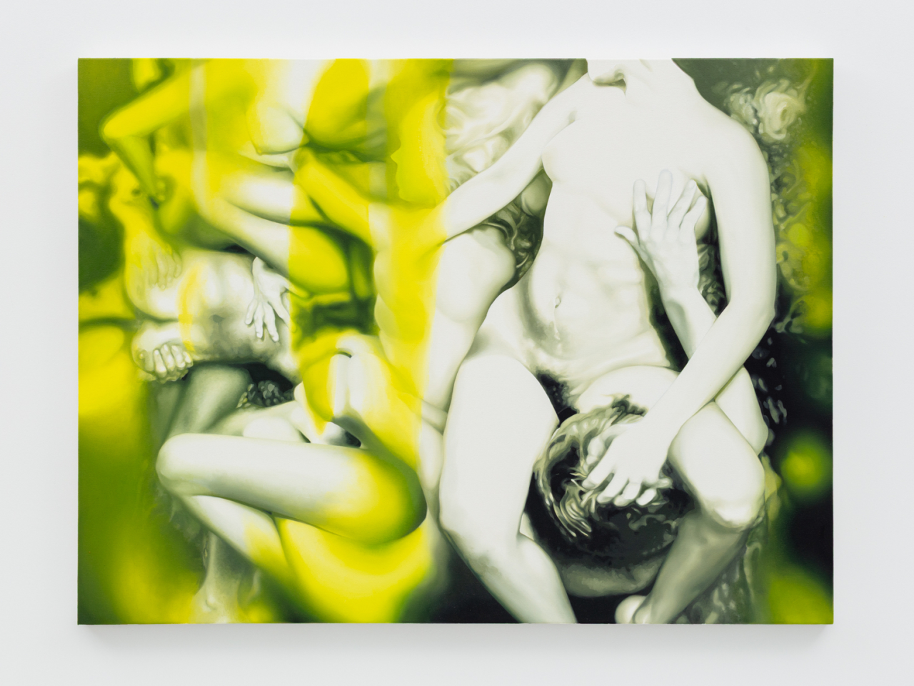 Charlotte Fox painting of intertwined pale figures against vibrant yellow-green background with gestural brushstrokes