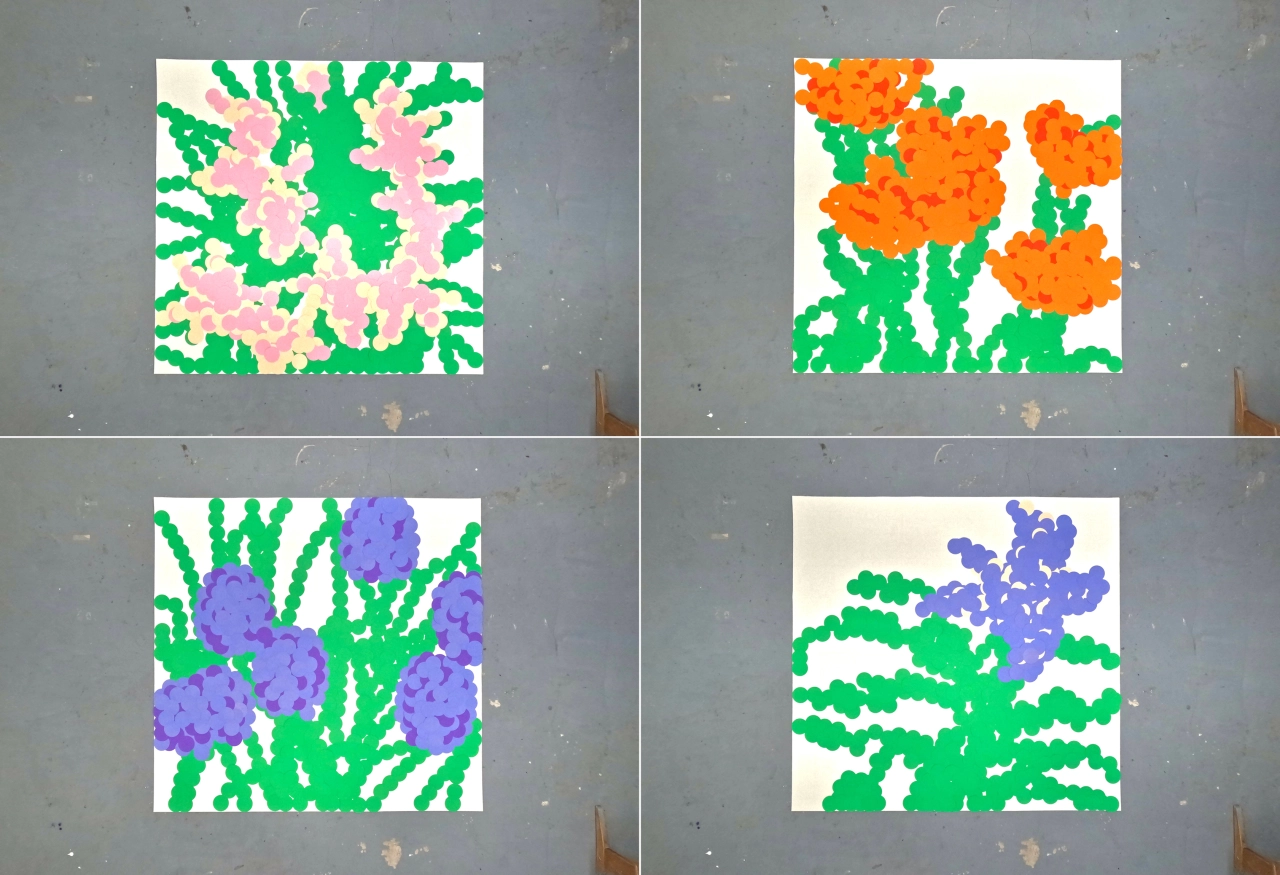 Four colourful drawings of flowers with green stems on white backgrounds: pink and green, orange and green, purple and green, and purple with green leaves