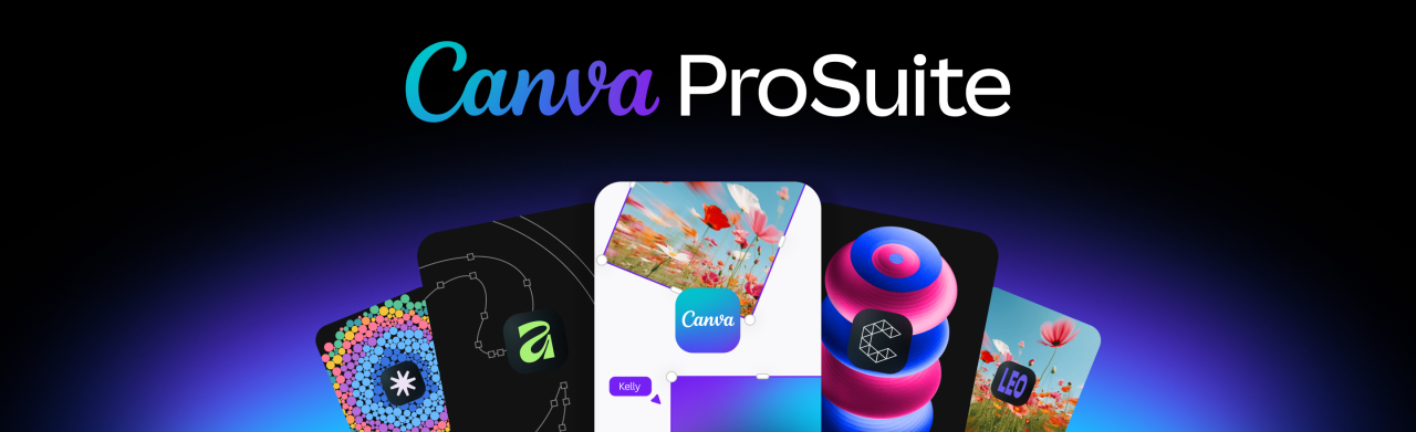 Canva ProSuite logo with product icons displayed against a dark background with blue glow, showing integrated design tools and features