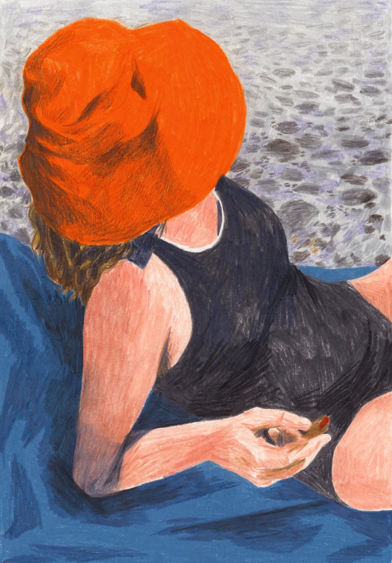 Figure in a black swimsuit with vibrant orange hair sits by the sea, holding a biscuit, in Marie-Lou Garcia's painting Figolu au bord du Tarn