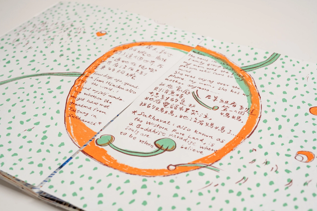 An open book with handwritten text framed by an orange outline shaped like a smiling face with green eyes and a curved mouth, surrounded by green dots on the page