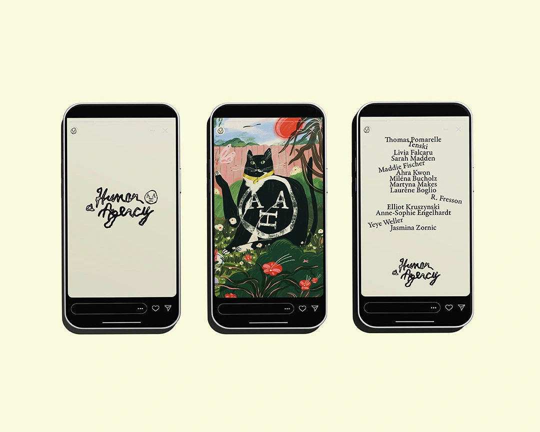 Three black smartphones displaying A Human Agency branding, including their logo with a black cat, typography and a list of represented artists on a cream background