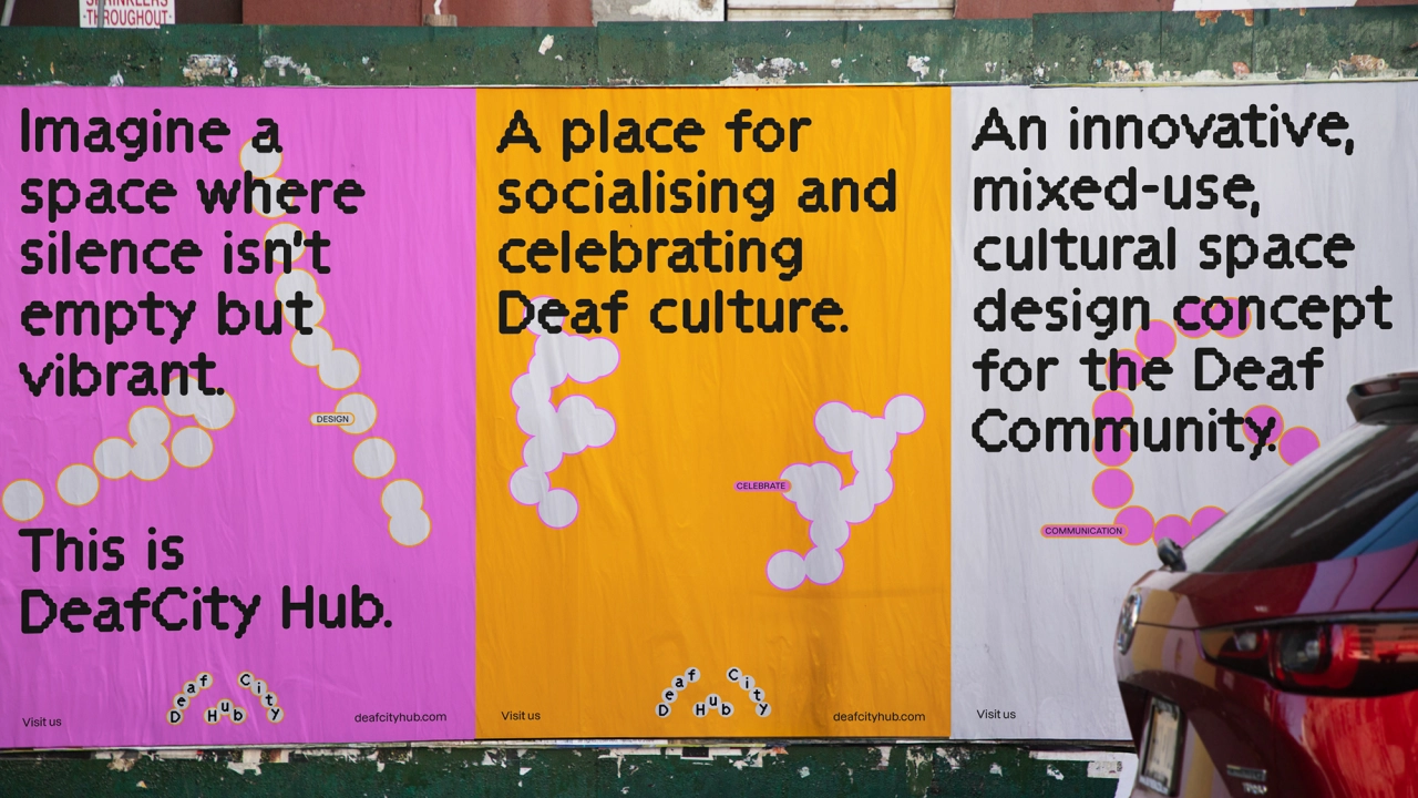 Three coloured posters for DeafCity Hub displaying text describing the space alongside hand-gesture-inspired letterforms in circular chains