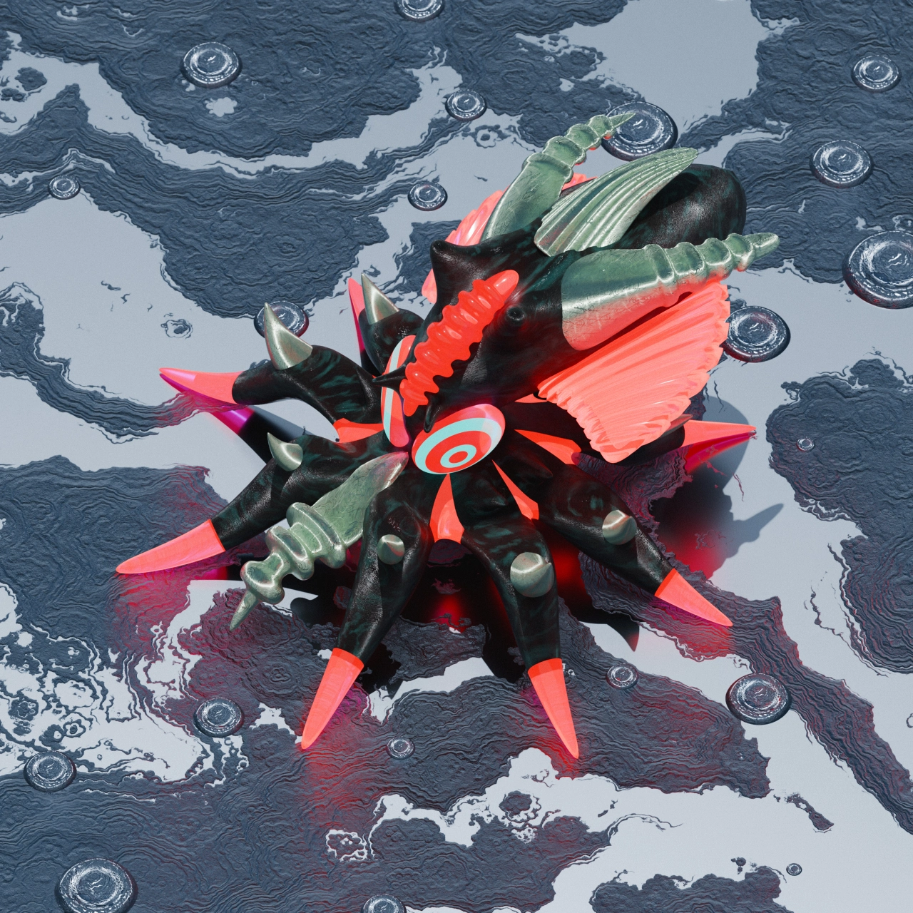 Red and black spiky 3D-printed figure with green striped wings positioned on a textured blue and grey digital landscape with circular elements