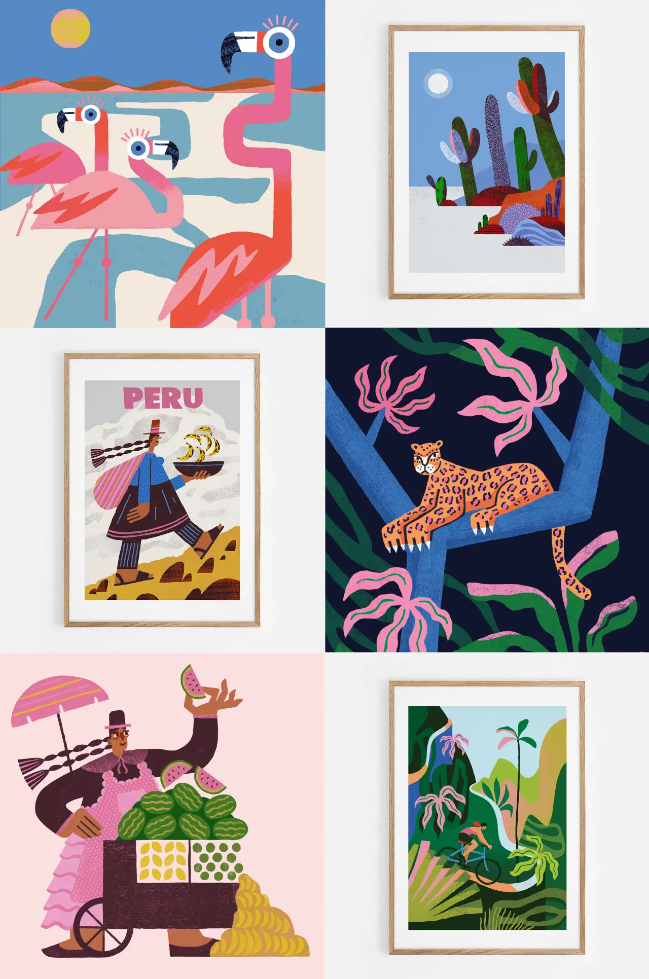 Grid of six framed illustrations by Louise French featuring colourful depictions of South American landscapes, wildlife and cultural scenes including flamingos, cacti, jaguars and traditional figures
