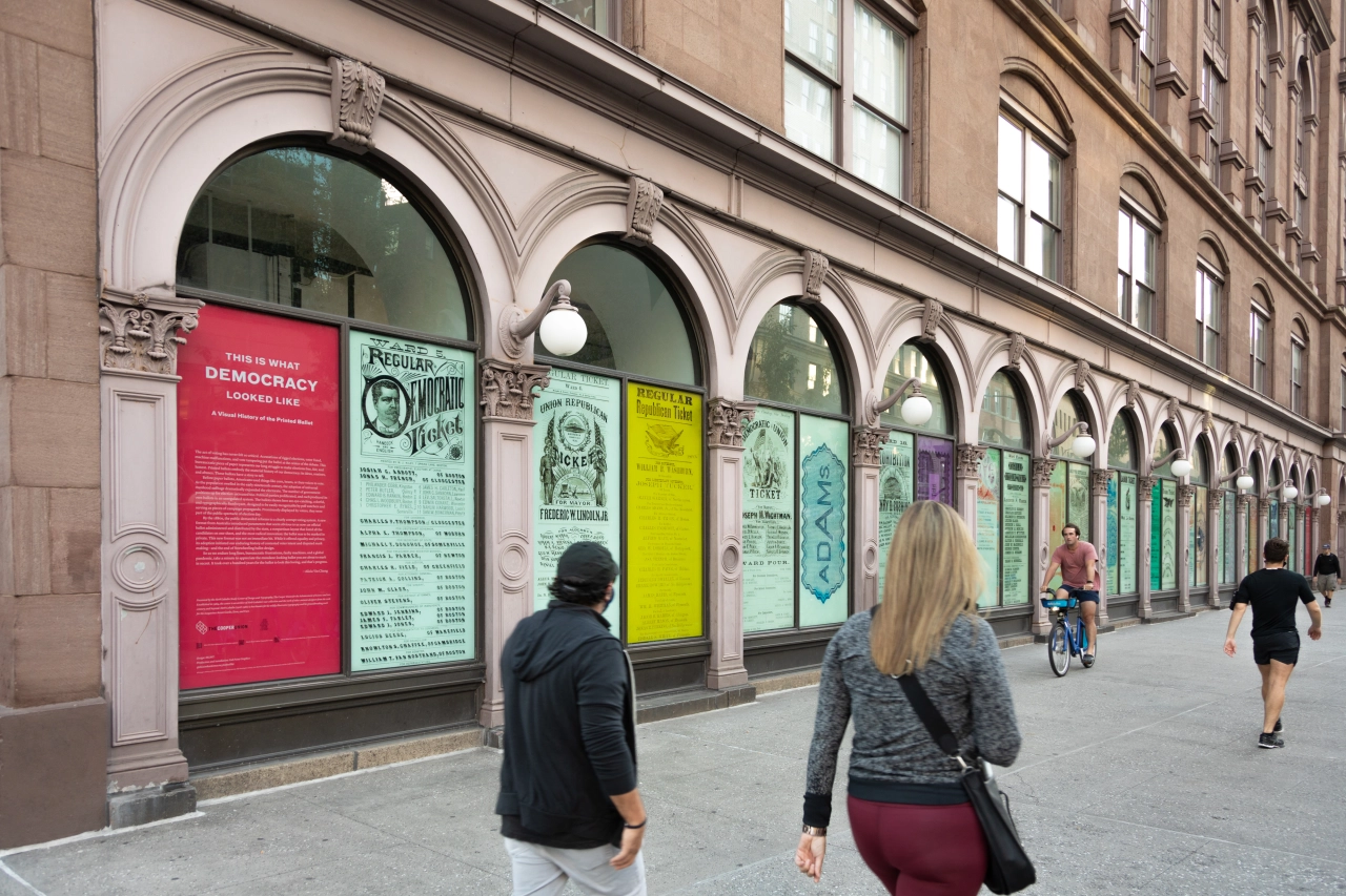 Installation image of This is What Democracy Looked Like. The Cooper Union, 4th Avenue window. Image courtesy of The Cooper Union/Photo by Marget Long