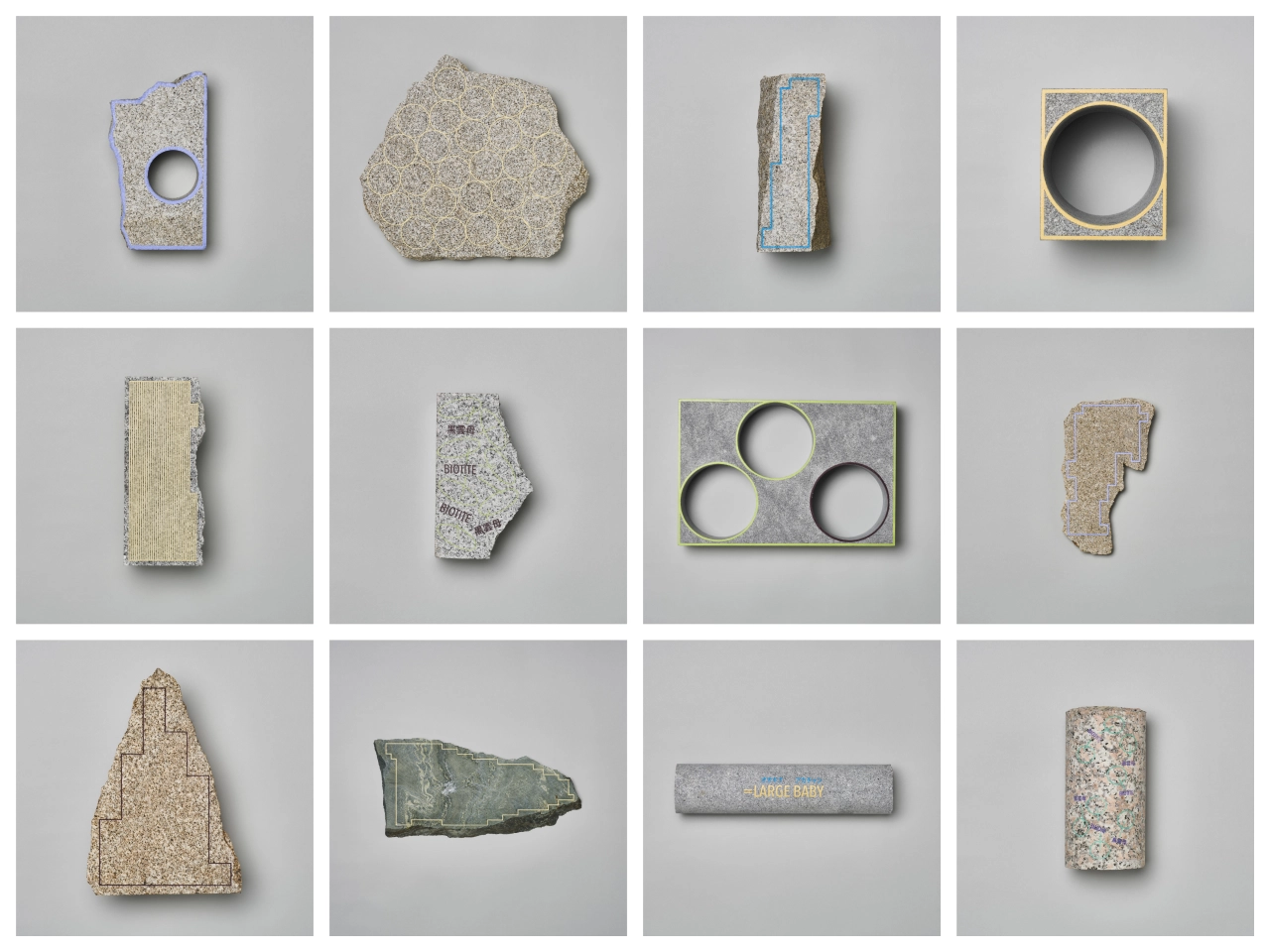 Twelve diverse stone and ceramic samples in various shapes with circular and rectangular cutouts, arranged in a grid to showcase experimental materials