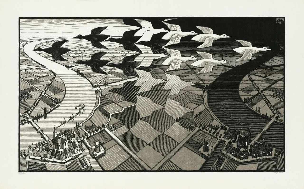 [M.C. Escher](https://www.mcescher.com) Day and Night, 1938. M.C. Escher Heritage Collection, The Netherlands All M.C. Escher works © 2026 The M.C. Escher Heritage, Baarn, The Netherlands. All rights reserved