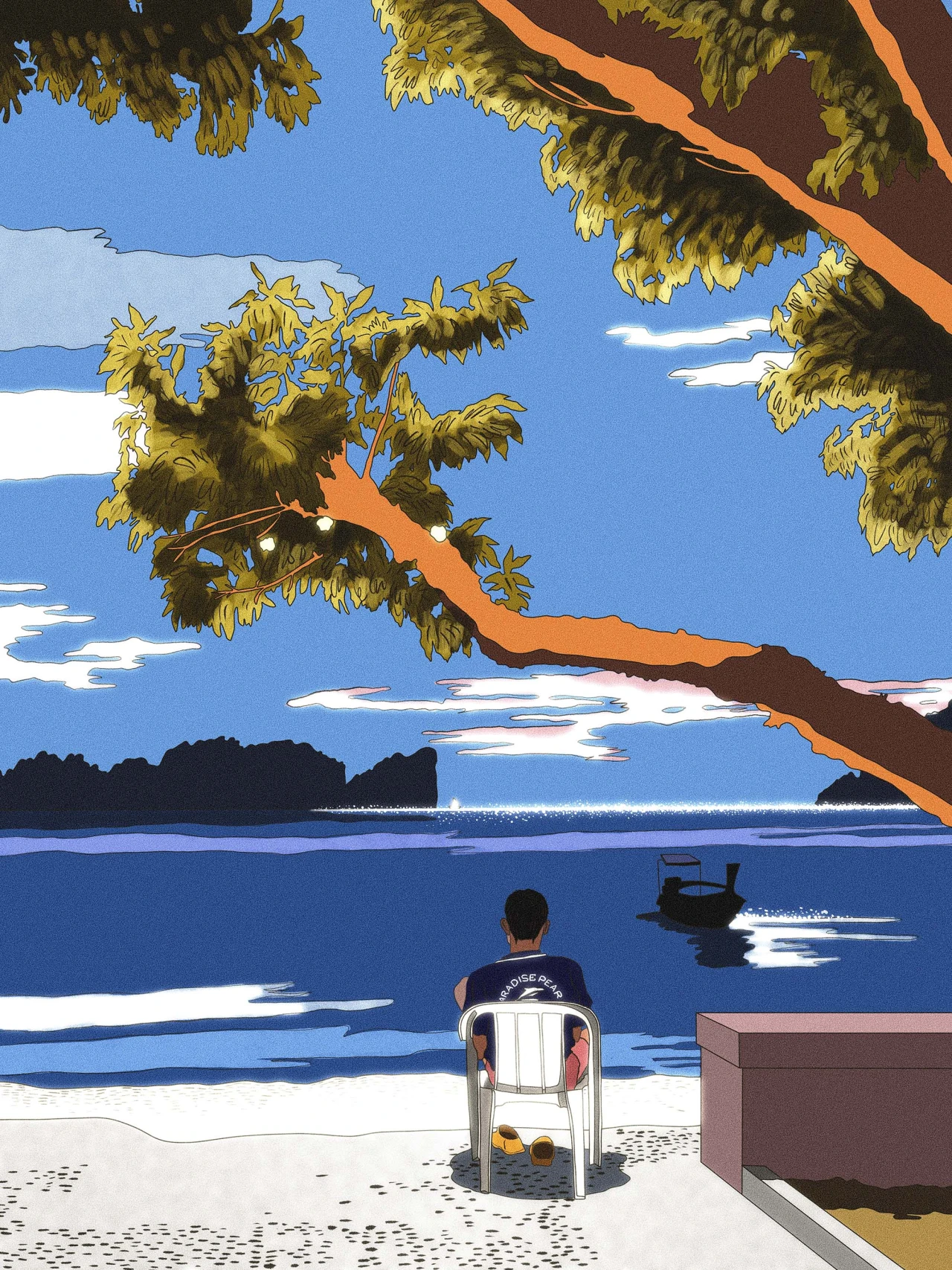 Figure seated on a beach chair beneath an orange tree branch, gazing out at a blue ocean with a boat and forested islands under a clear sky