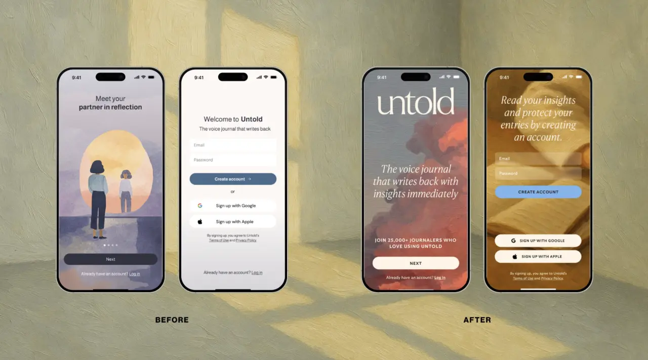 Four smartphone screens showing the Untold app interface before and after rebrand, with new warm colour palette and updated typography on the right side