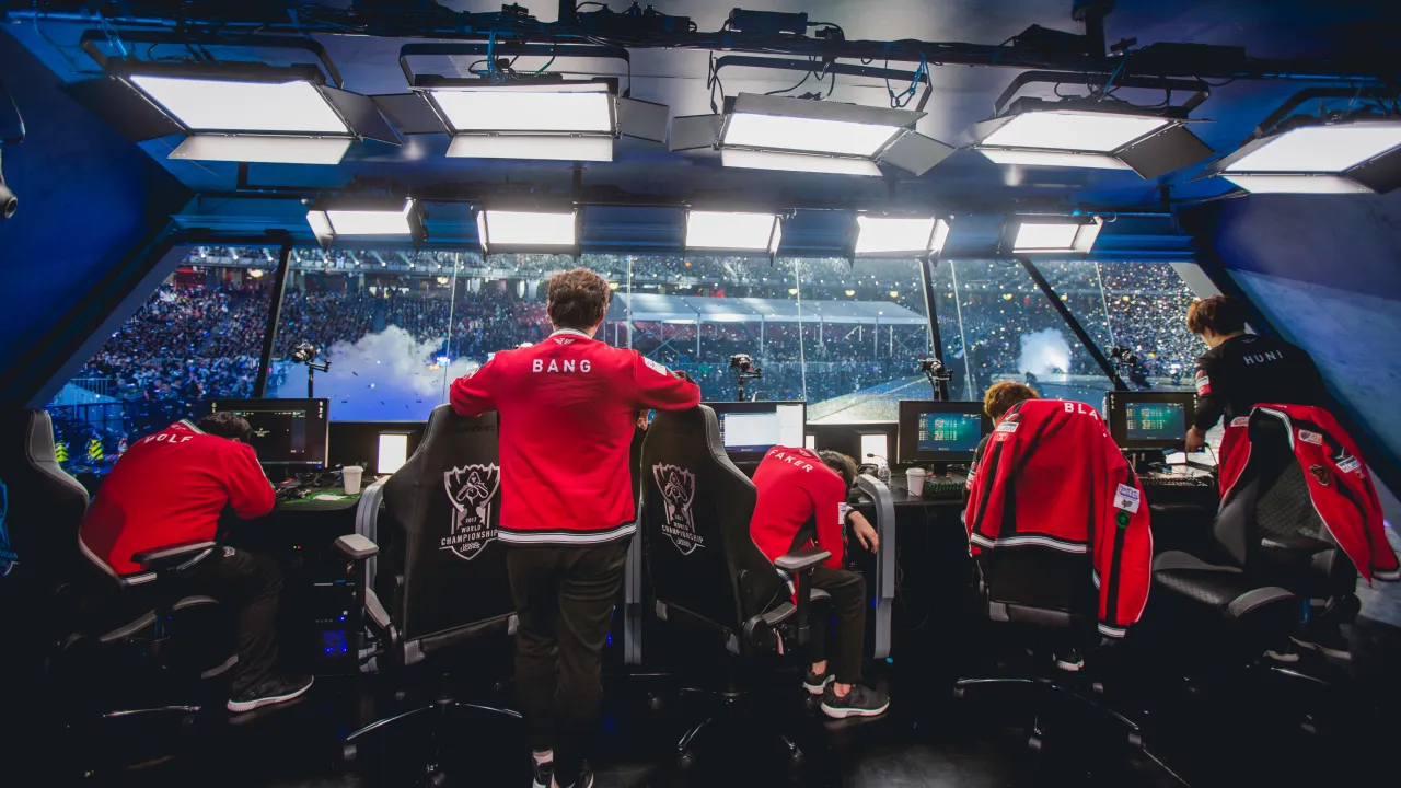 An example of the mass spectacle of esports, (multiplayer games played competitively), the League of Legends World Championships tournament attracts tens of thousands of spectators to watch the professional players in a live atmosphere such as the Bird’s Nest Olympic Stadium as well as a global online audience of millions. Image courtesy of Riot Games.