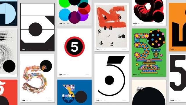 A grid of 50 diverse poster designs commissioned to celebrate TypoCircle's 50th anniversary, featuring bold typography, geometric shapes and vibrant colours by designers including Paula Scher and Margaret Calvert
