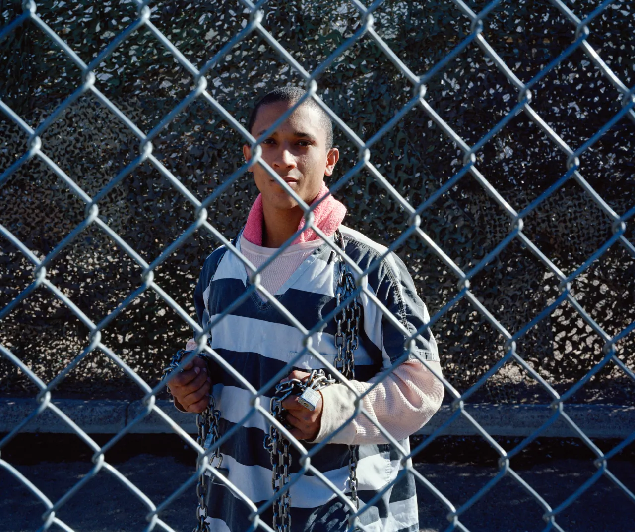 An inmate with chains after chain gang duty in Estrella Jail, in Phoenix