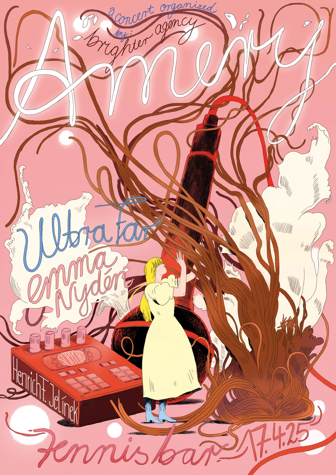 Illustration of a figure in a cream dress standing before tangled brown vines and tree roots against a pink background, with overlaid concert details and artist names in flowing white and coloured lettering