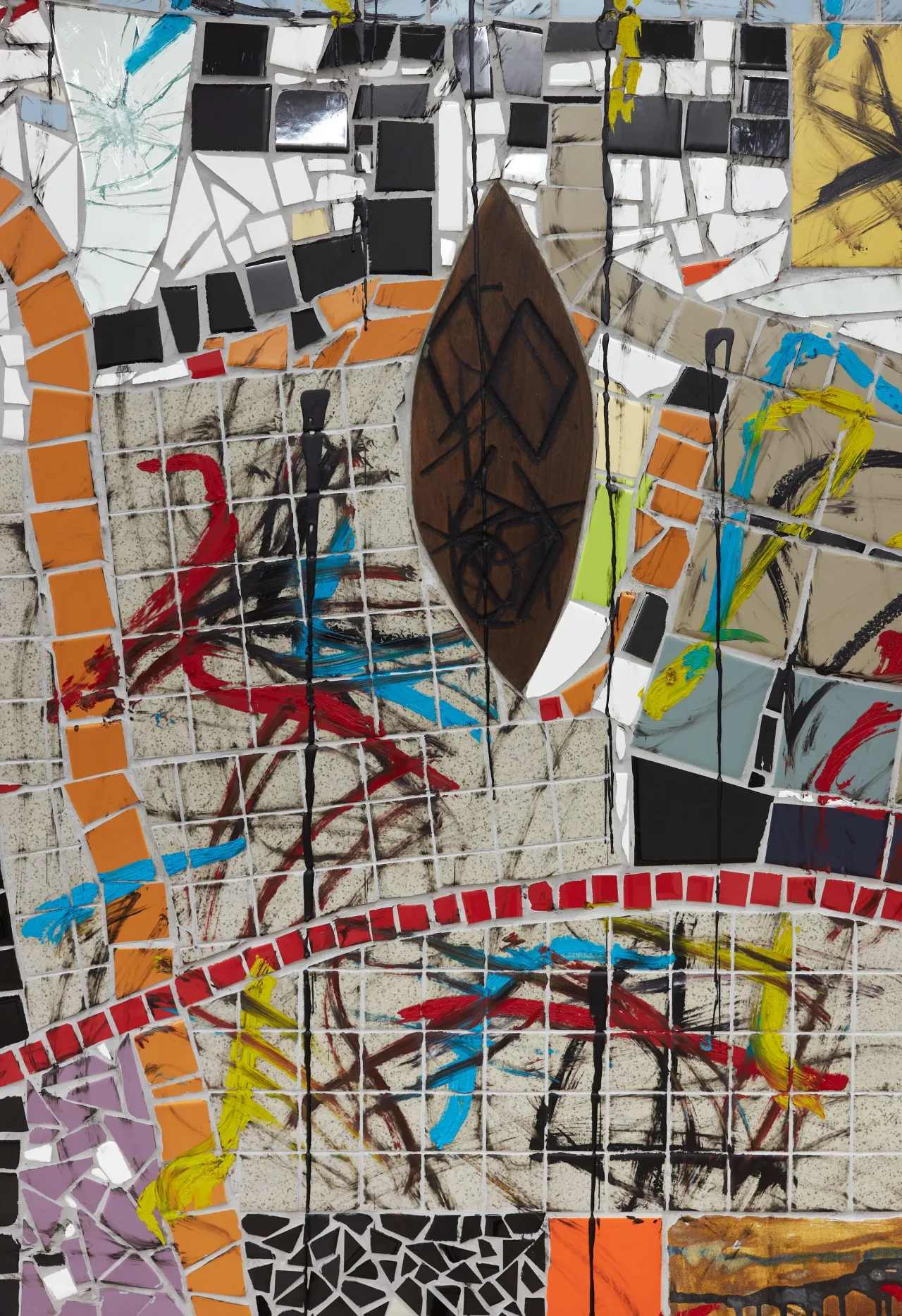 Rashid Johnson The Broken Five (detail) 2020 Ceramic tile, mirror tile, spray enamel, oil stick, black soap, wax 250.2 x 430.5 cm  Photo: Martin Parsekian