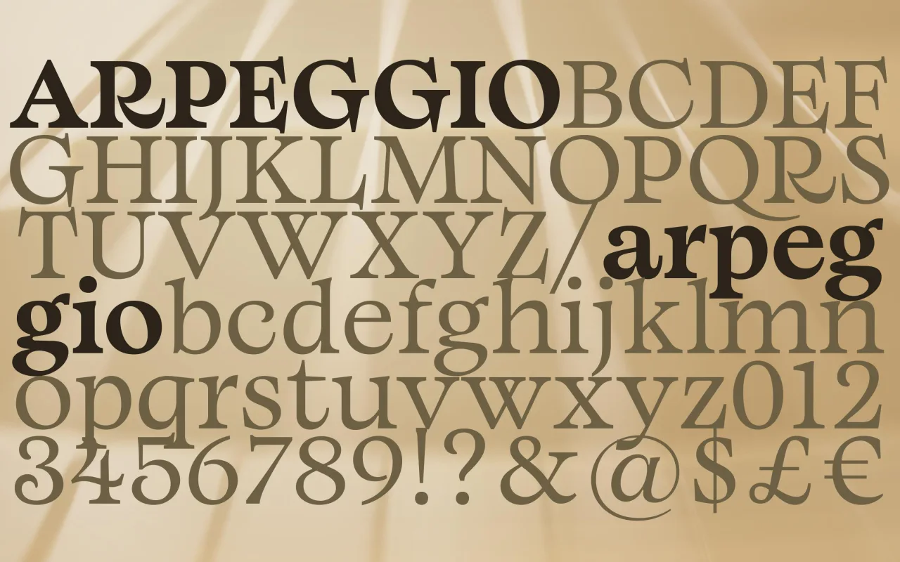 Arpeggio typeface displaying uppercase and lowercase letters, numerals and special characters in varying weights and shades on a beige background