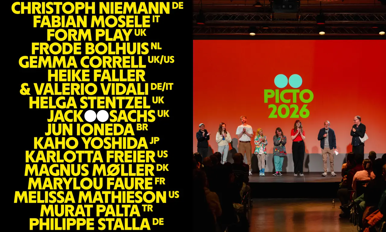 Group of international character designers and artists standing on stage at Pictoplasma 2026 festival in front of red backdrop with green logo