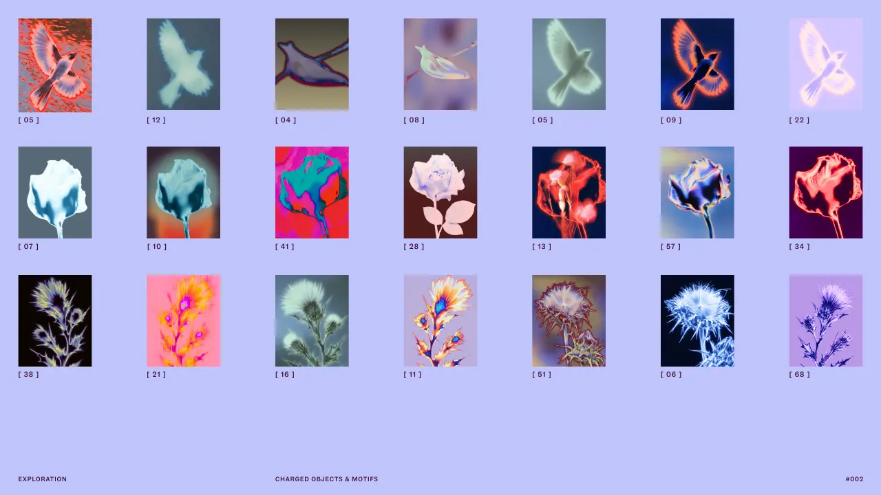 A grid of 28 illustrated botanical and abstract motifs in various colour palettes, featuring flowers, plants and geometric shapes designed as charged objects for Purple Garden's brand identity