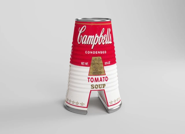 Campbell's soup can shaped like the letter A, referencing Andy Warhol's iconic pop art work
