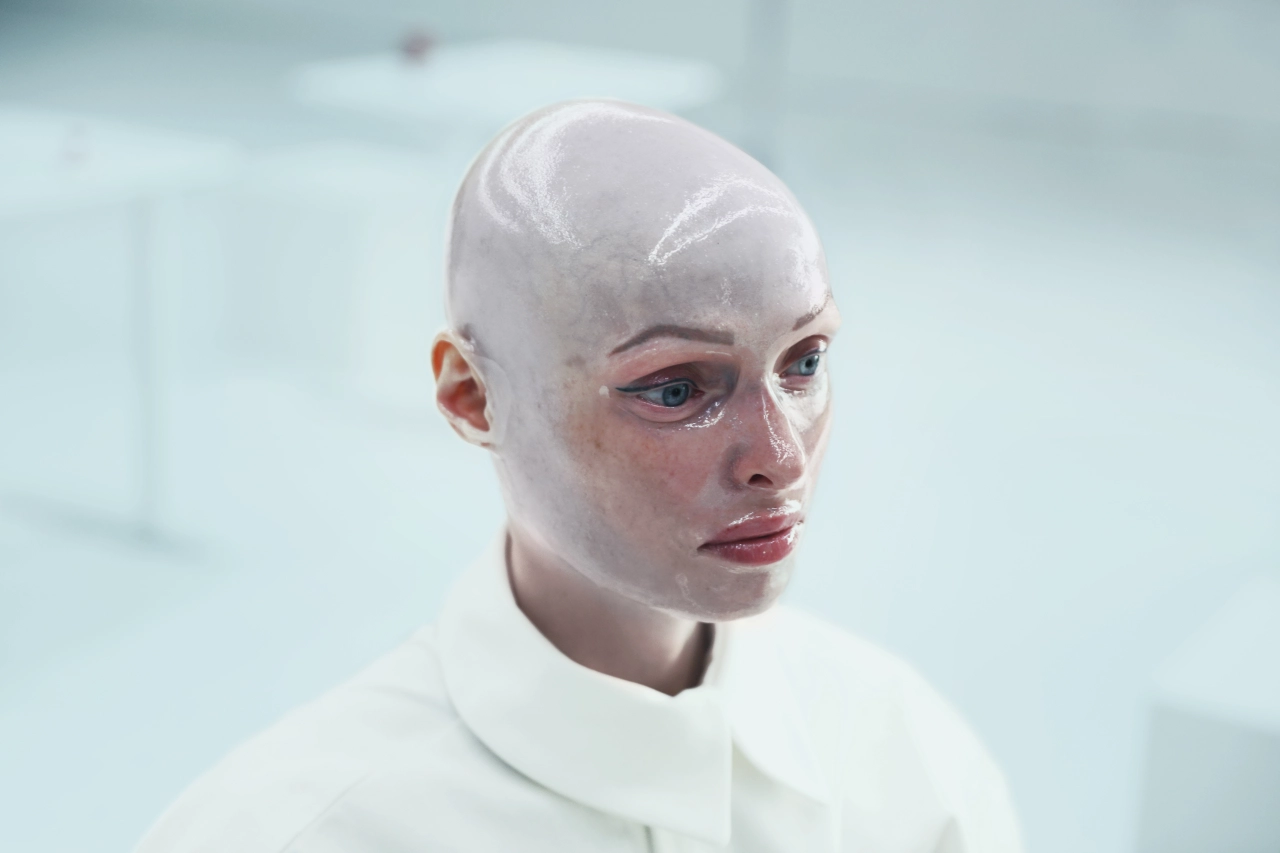 Person with shaved head covered in white face mask or clay treatment, wearing a white turtleneck against a pale blue background