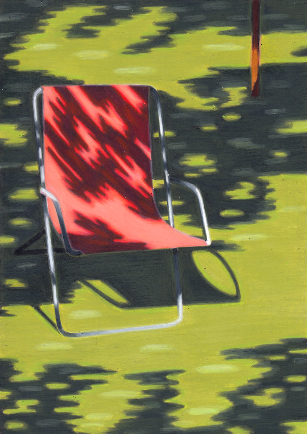 Red deck chair casting angular shadows on a yellow and dark patterned ground, with a red pole visible at the top right of the composition