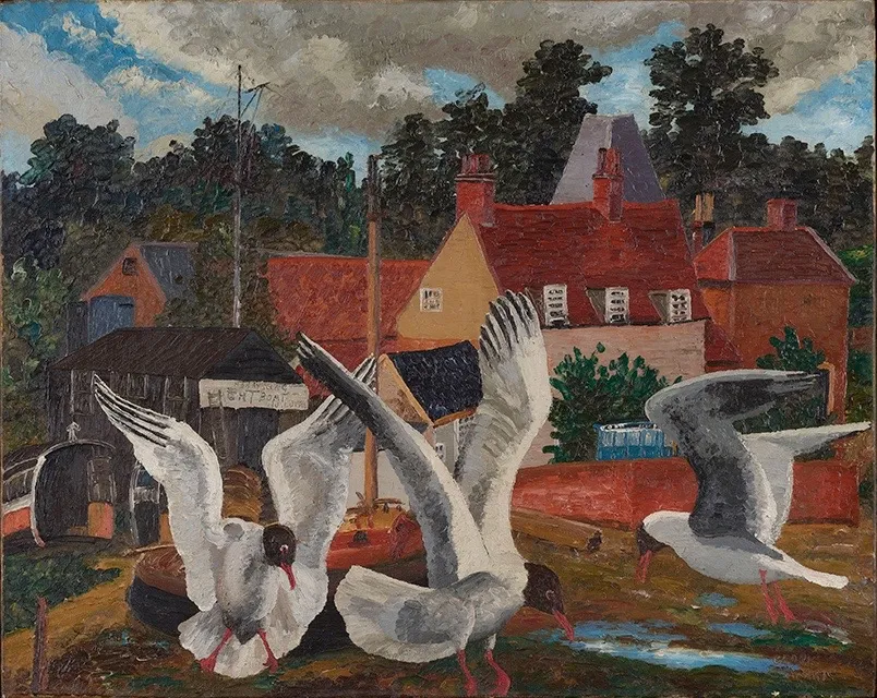Pill Mill and Black Headed Gulls 1929, Babergh, Suffolk, England 251⁄2 x 32 in (64.8 x 81.2 cm) Oil on canvas ©Philip Mould & Company