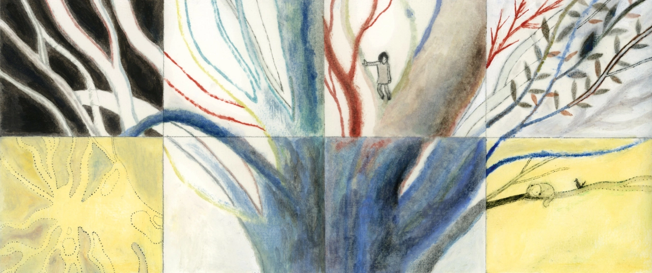 A patchwork grid of illustrations by Simji Park showing a red horse with flowing mane, surrounded by scenes of birds, fields, trees and small figures in soft blues and yellows