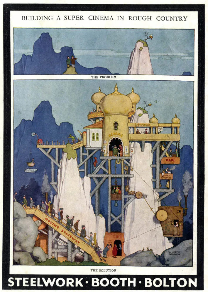 Building a Super Cinema in Rough Country, c 1930 From Problems of a Structural Engineer, c.1930. A black-and white version of this image was later printed in Booth Steelwork, c.1937 with the additional caption: ‘Showing that the adaptability of Mr W. Heath Robinson’s ‘Steelwork’ is equal to dealing with any difficulties presented by the site at the locality.’