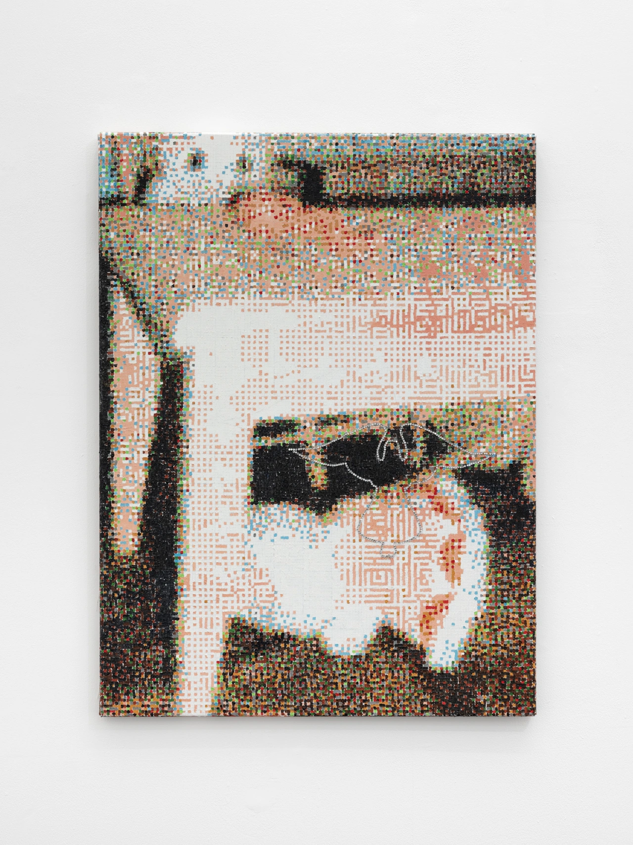 Pixelated portrait of a figure with dark hair and sunglasses, created with thousands of coloured squares in a grid pattern resembling low-resolution digital imagery