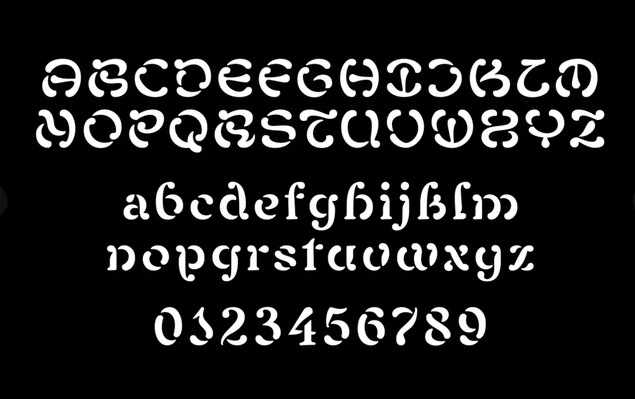 White typeface specimen showing uppercase and lowercase letters, numerals and alternative characters on a black background