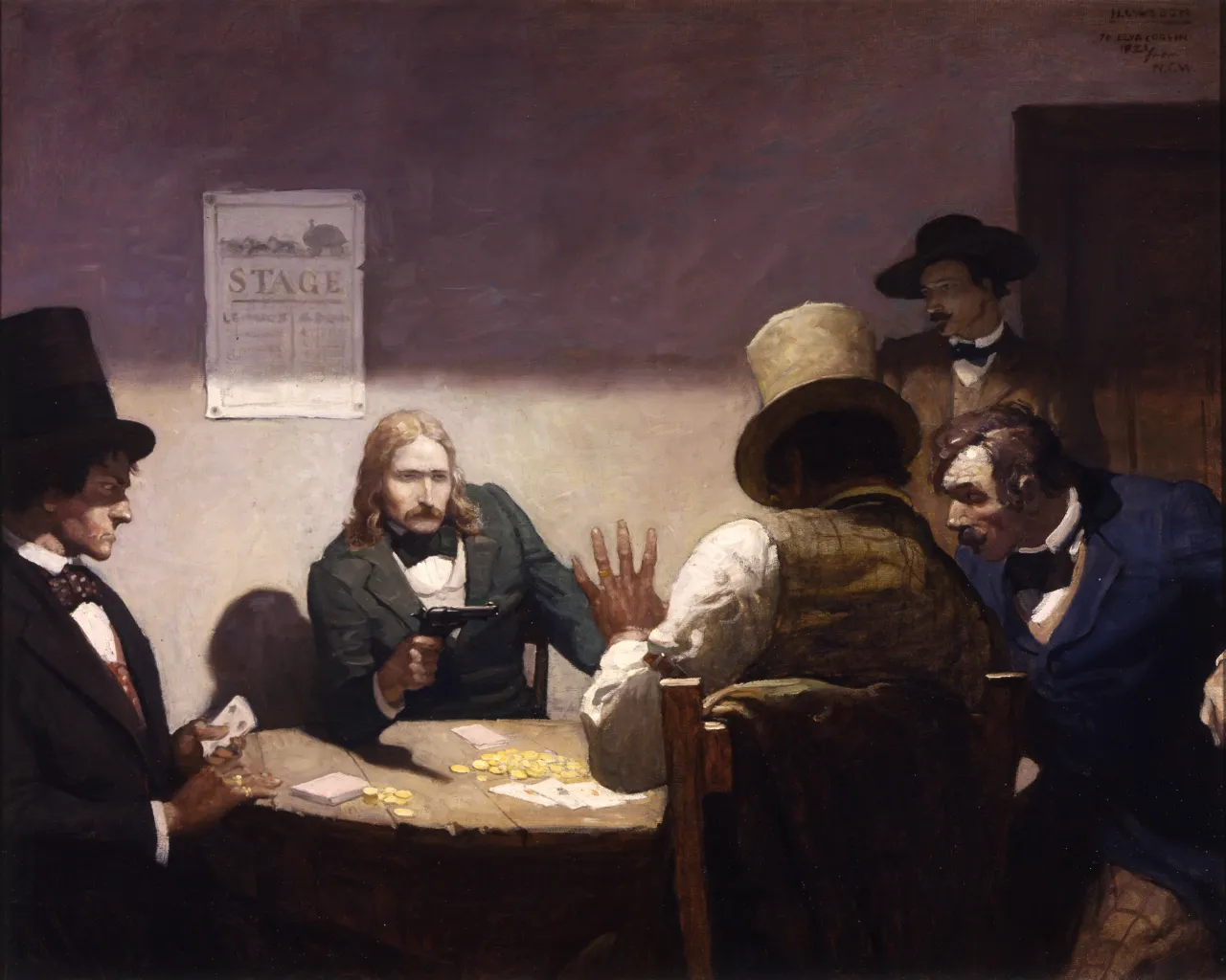 N. C. Wyeth (1882-1945), The man with the hatful of cards picked a hand out of his reserves, put the hat on his head and raised Bill a hundred. Bill came back with a raise of two hundred, and as the other covered it he shoved a pistol into his face observing: "I'm calling the hand that is in your hat." 1916, oil on canvas, 32 x 40 in. William I. Koch Collection