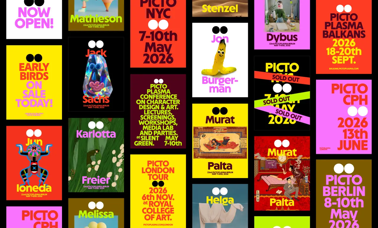 Collage of colourful poster designs for Pictoplasma festival editions featuring the new two-dot logo applied to typography and event details across various locations and dates