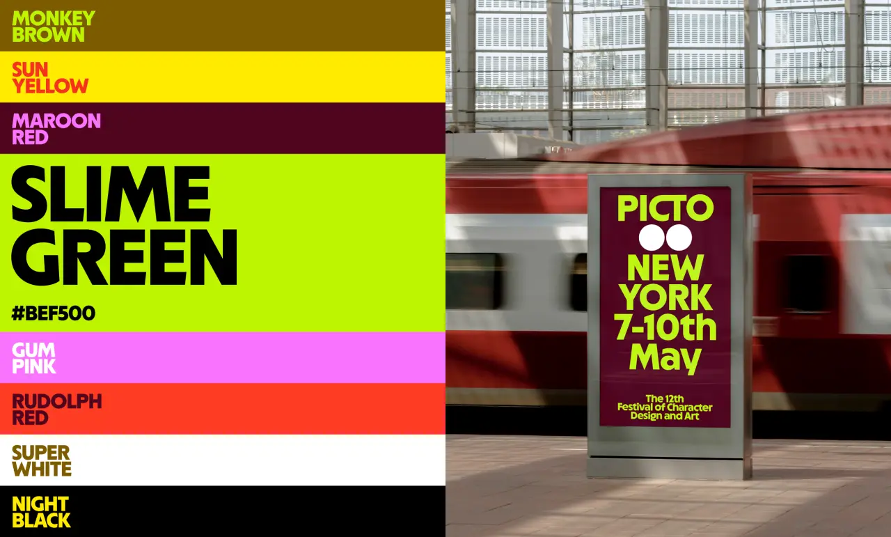 Pictoplasma New York 7-10th May poster displayed on a street billboard next to a red bus, featuring the festival's bold new typographic identity with neon yellow and maroon colours