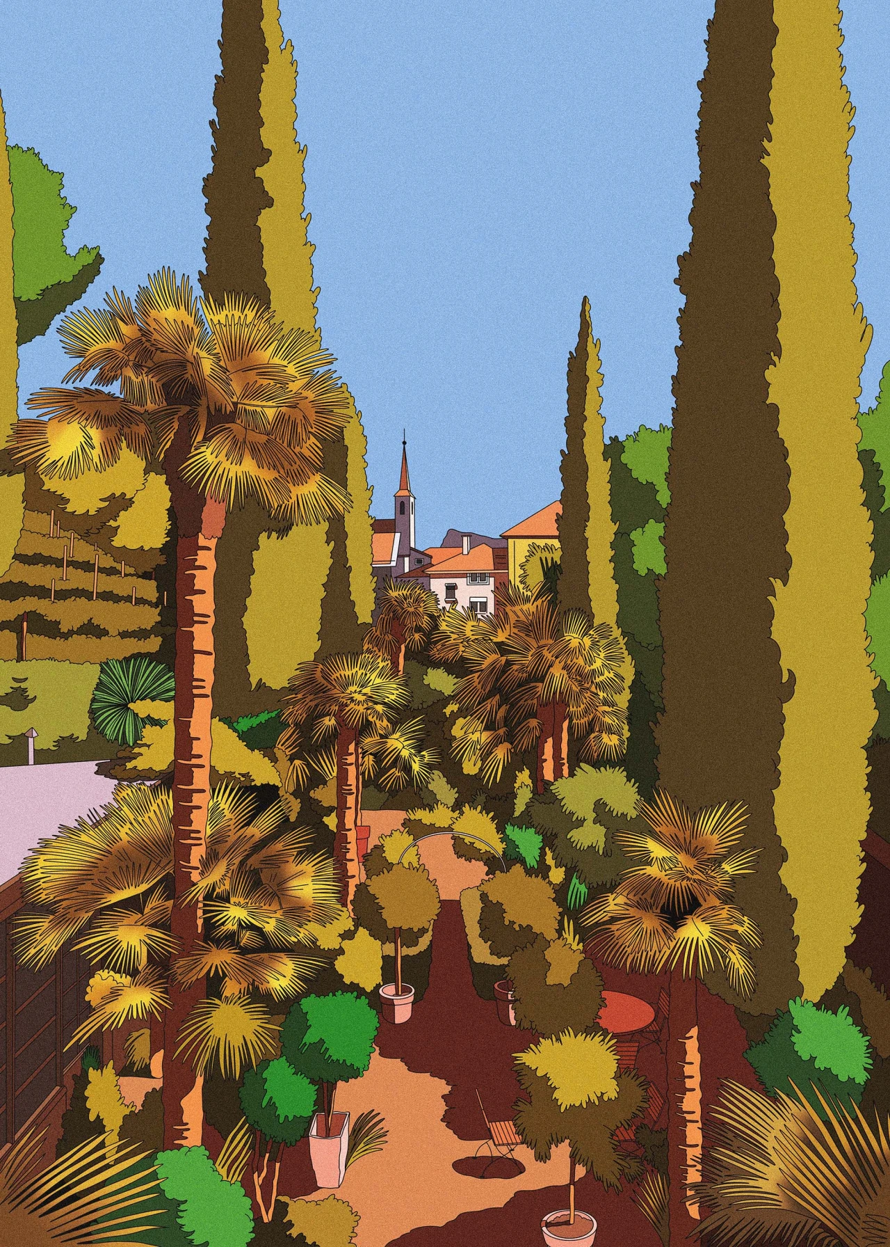 Colourful paper collage illustration of a Mediterranean courtyard lined with tall cypress and palm trees, terracotta walls and a building with orange roof tiles in the distance