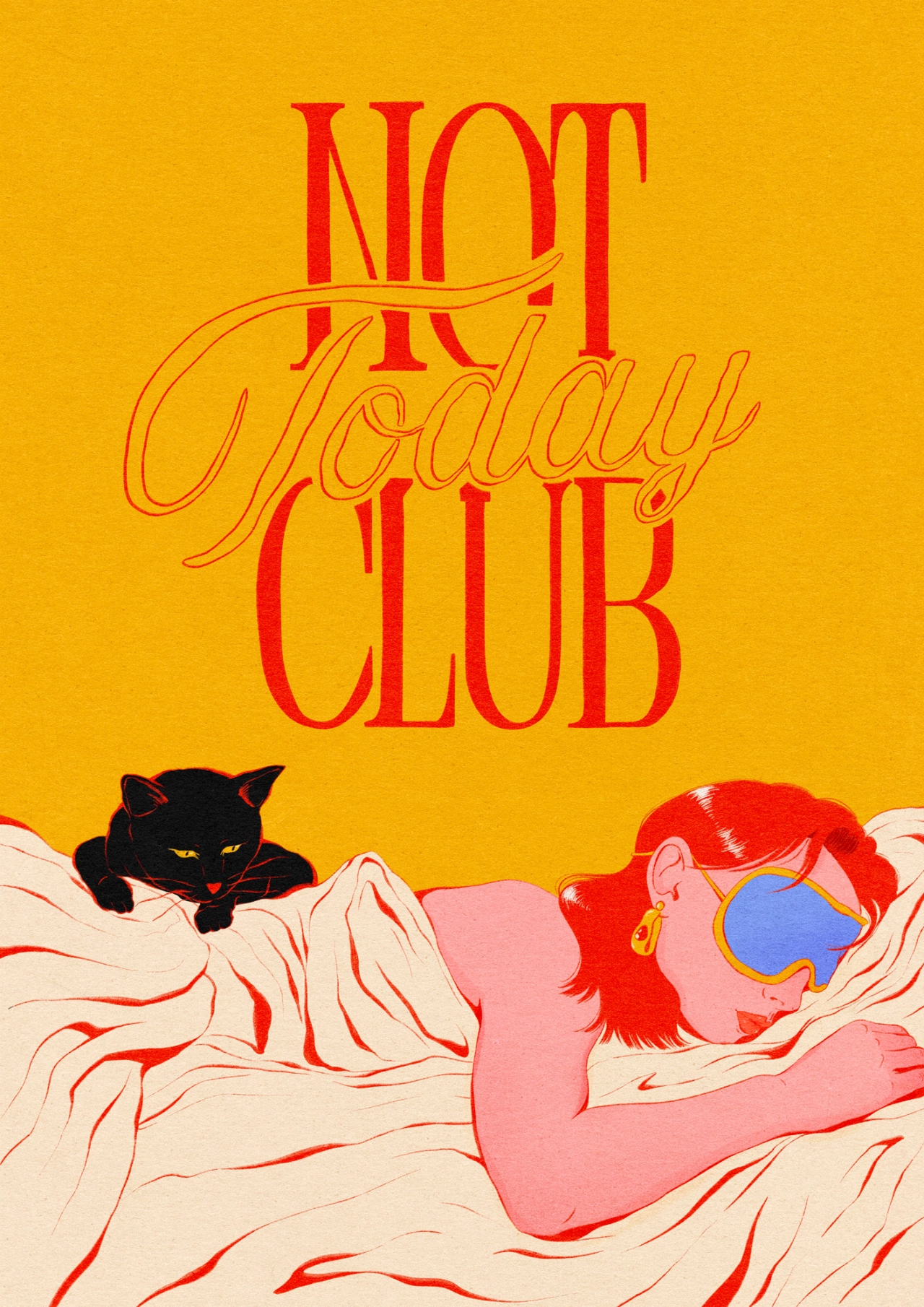 Illustration of a red-haired woman in bed with a black cat, with "NOT Ordinary CLUB" text in red and gold lettering on a golden yellow background