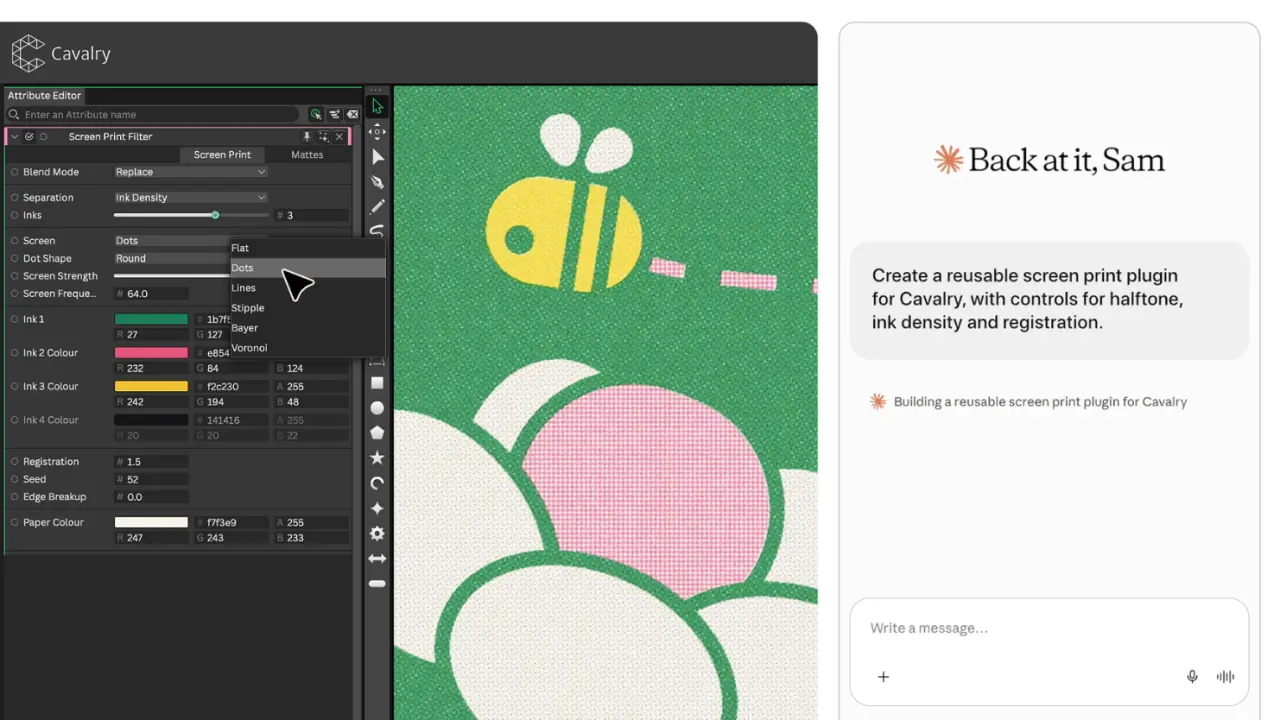 Cavalry screen print plugin interface displayed alongside a green illustration featuring a stylised bee and pink circular shapes