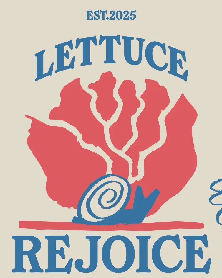 Red stylised lettuce illustration with blue spiral snail at its base, with "EST.2025 LETTUCE REJOICE" text in blue above and below