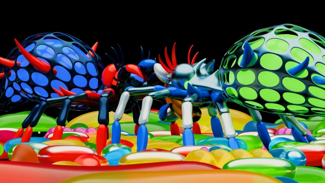 Colourful inflatable bouncy castle featuring two large blue and lime green spherical structures with red spikes, connected by a blue bridge element, set on a multicoloured base