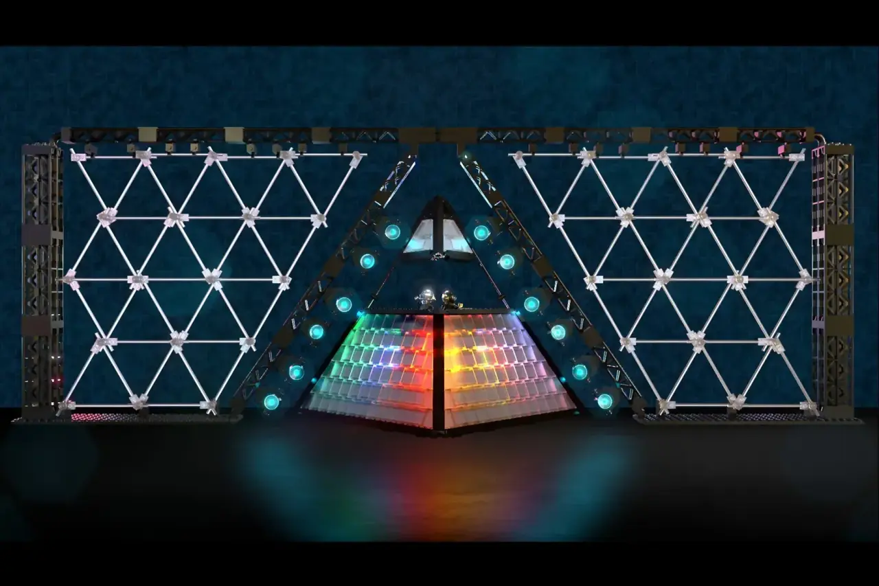 Illuminated Lego pyramid structure with geometric triangular patterns and glowing spheres, flanked by symmetrical diamond-patterned panels on a dark background