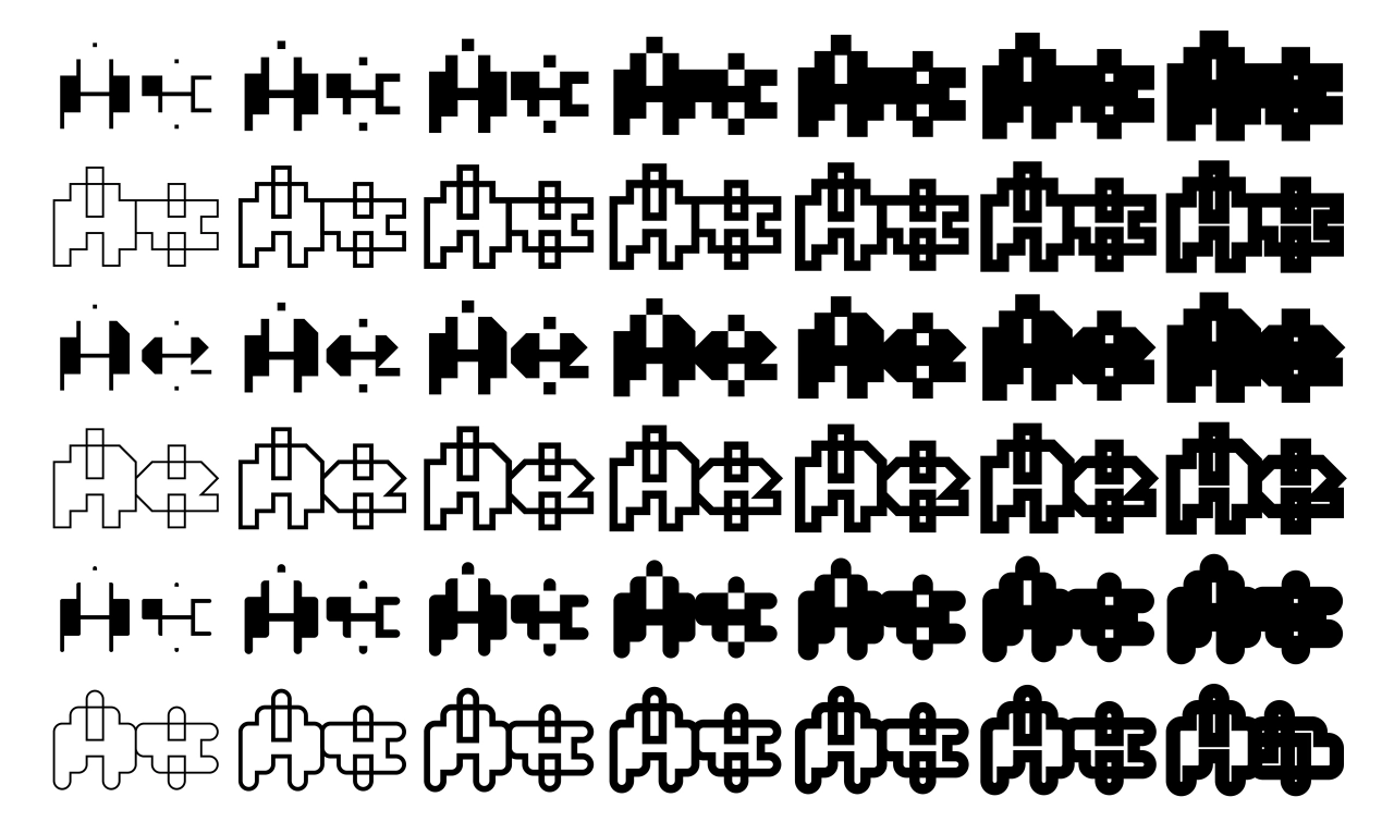 Seven rows showing the progression of Triode typeface from outlined to solid black, demonstrating its variable weight scale
