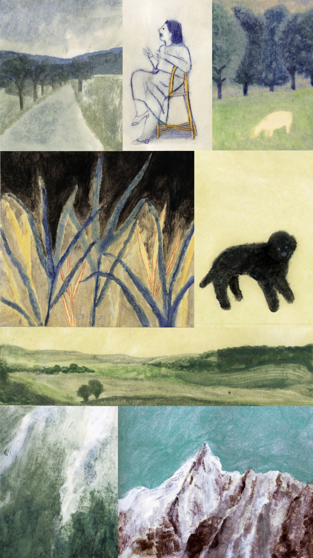 Collage of Simji Park's illustrations arranged in a grid, featuring landscapes with trees, a seated figure, a black dog, flowering plants, rolling fields and white cliffs against turquoise water