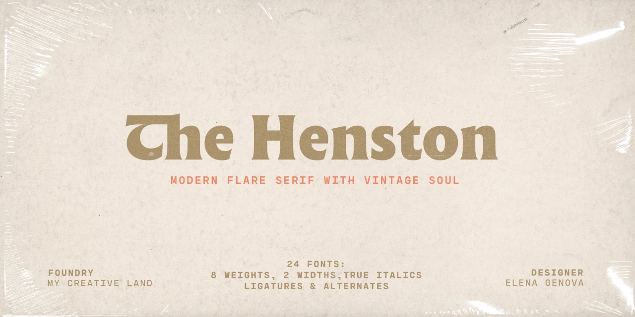 Che Henston font display showing gold serif typeface with subtitle describing it as a modern flare serif with vintage soul, designed by Elena Genova
