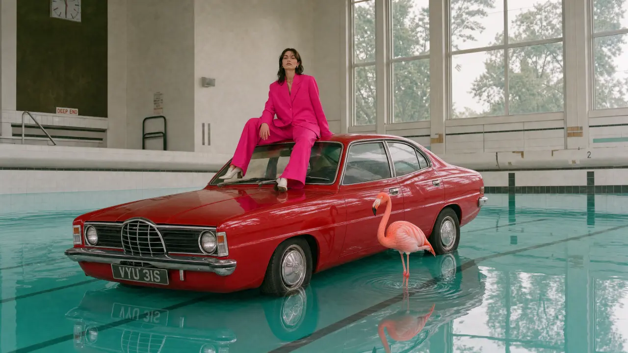 Woman in hot pink suit sitting on a red vintage car in a swimming pool with turquoise water, next to a pink flamingo