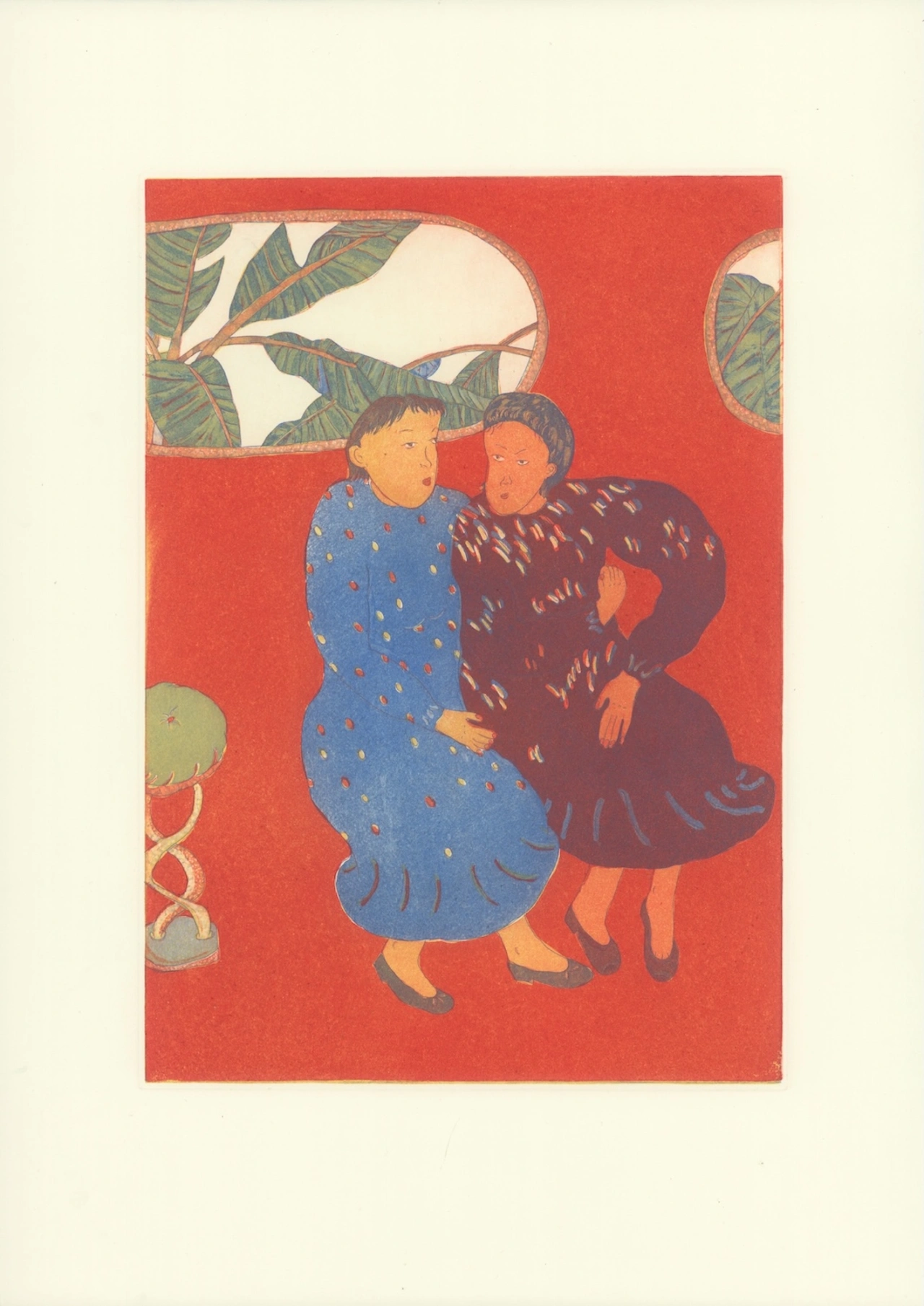 Two figures in colourful clothing stand against a bright red background with stylised foliage and plants visible around them