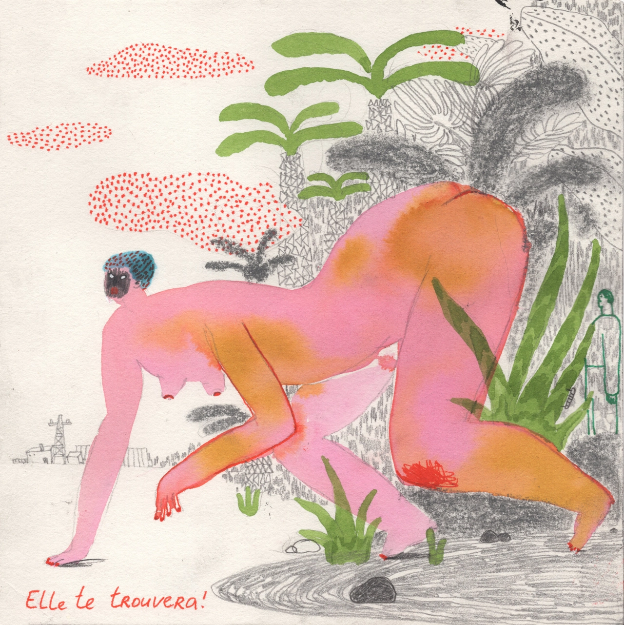 Pink figure in dynamic pose surrounded by botanical elements and red dotted forms, with handwritten text reading "Elle le trouvera!