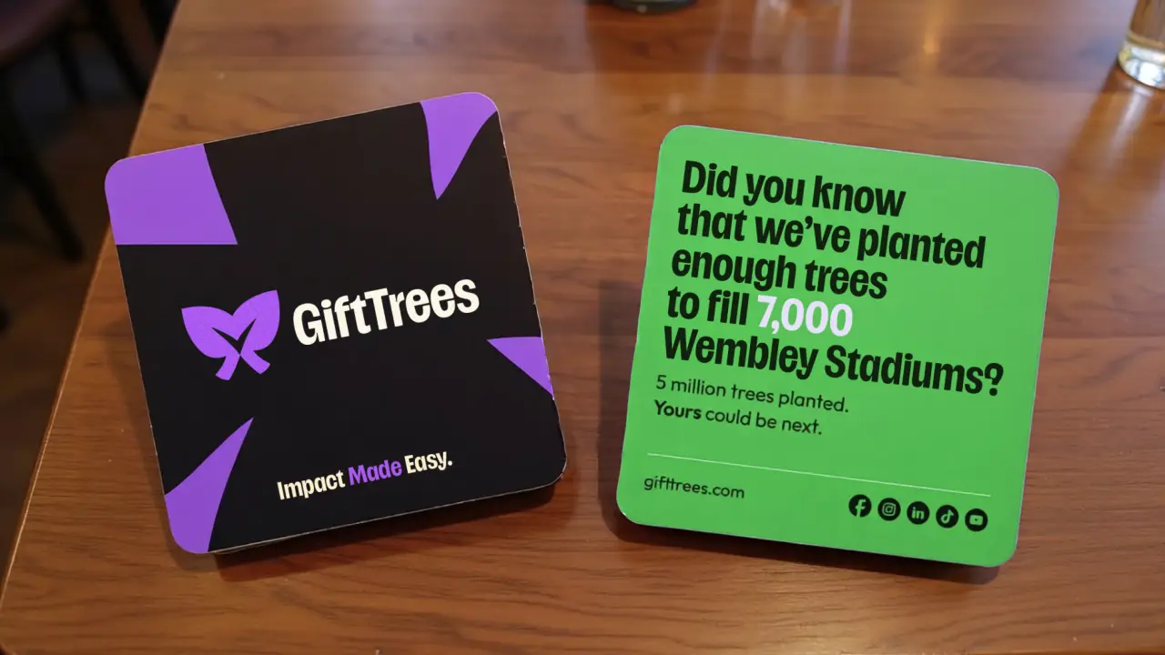 Two branded coasters on a wooden table: a black one with the GiftTrees logo and purple accents, and a green one highlighting their tree-planting impact