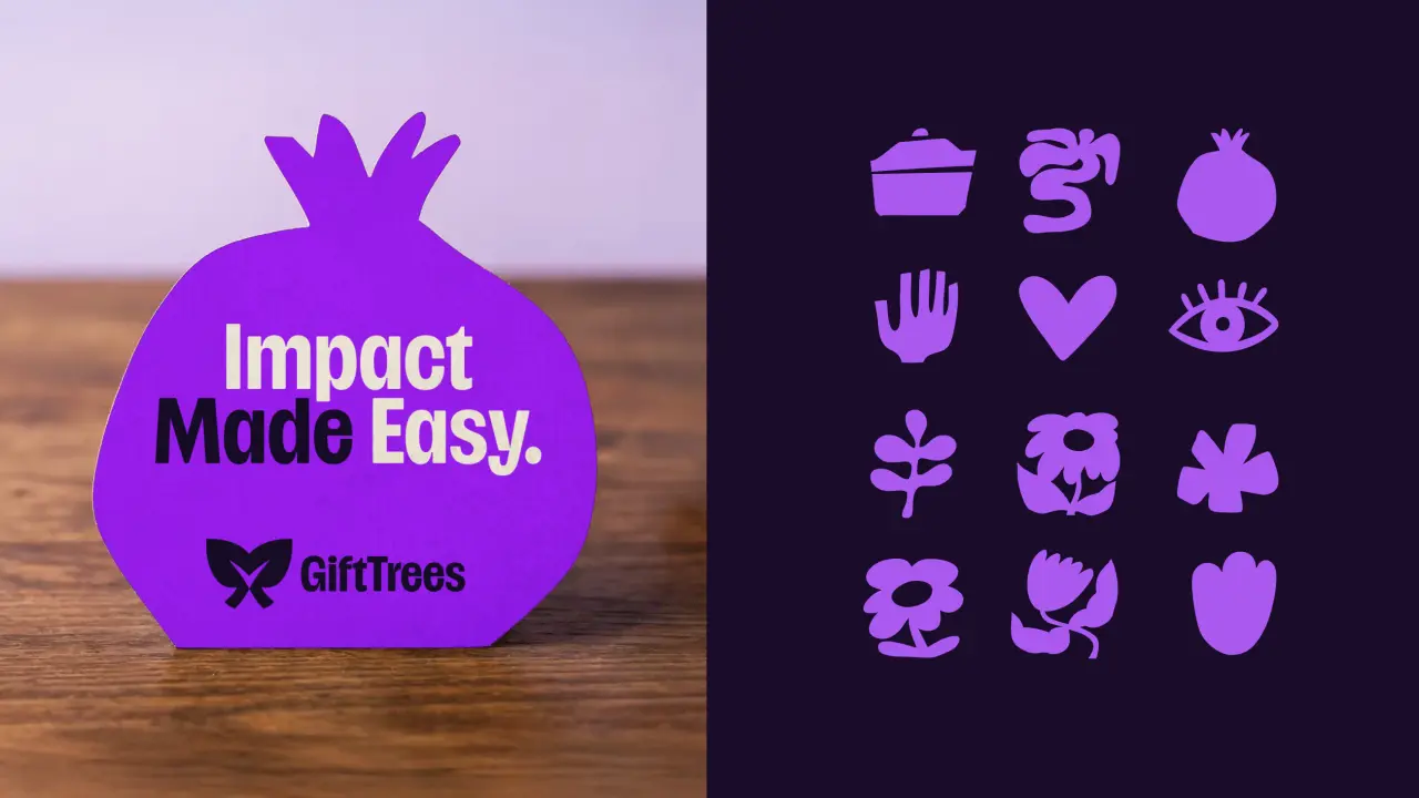 Bright purple pomegranate-shaped packaging for GiftTrees on the left with "Impact Made Easy" text, alongside a grid of purple icons on black including trees, flowers, hearts and hands on the right