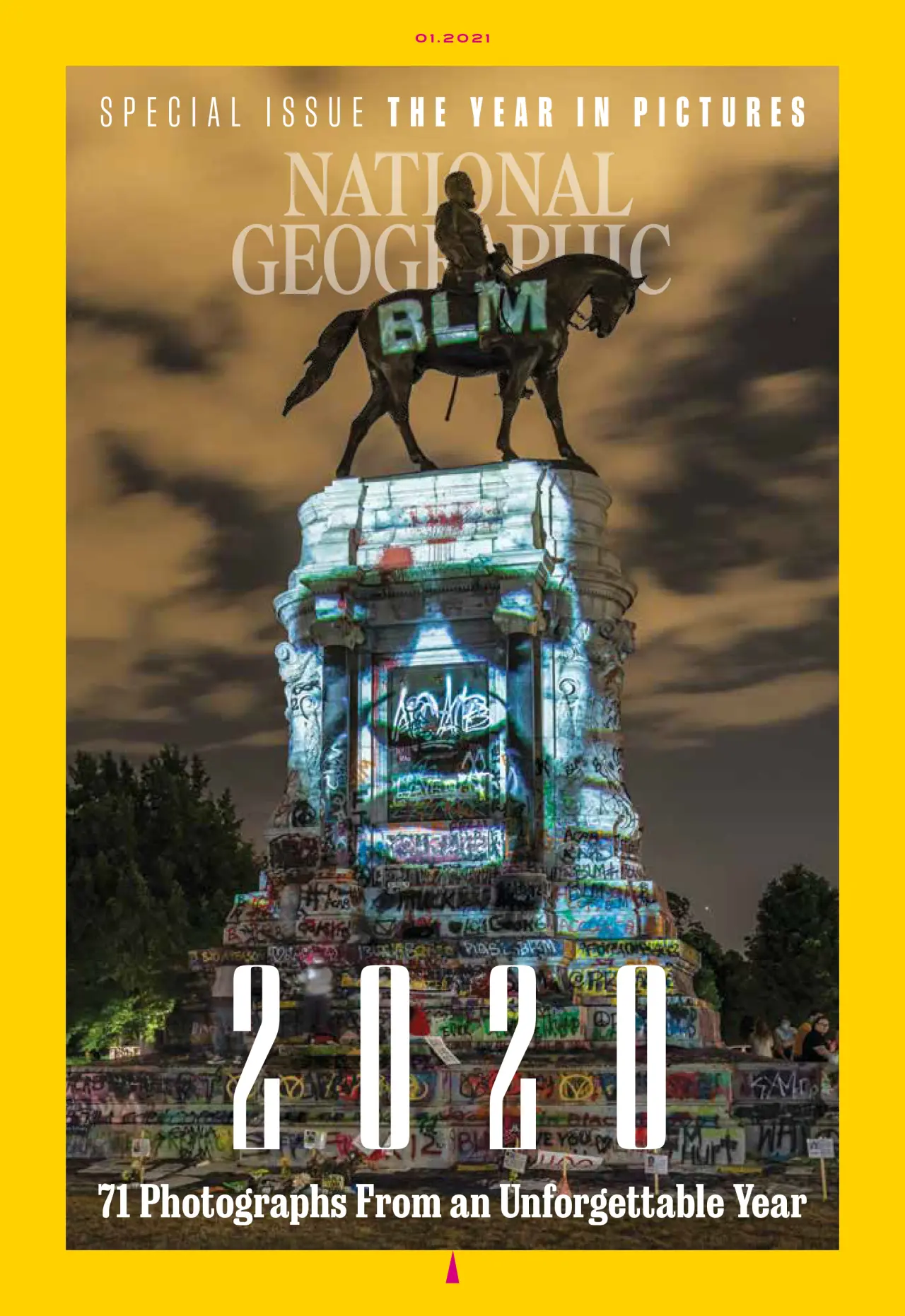 The statue of Robert E. Lee is transformed into a Black Lives Matter monument with a projection of George Floyd’s portrait. “It’s time for the healing to start,” tweeted Levar Stoney, Richmond’s mayor. “For public safety, for our history, for our future—the monuments to the Lost Cause are coming down.” Lawsuits attempted to block removal of the statue. (Kris Graves/National Geographic)